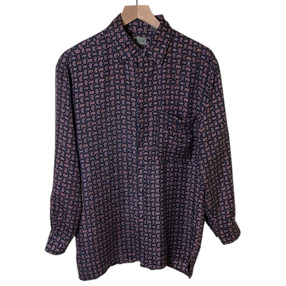 Vintage Robert Stock Black and Pink Design Silk Button Down, S